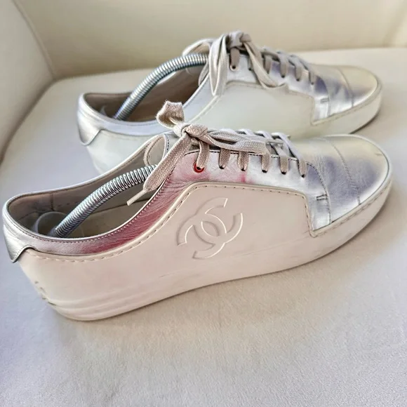 Authentic Chanel CC Sneakers White And Metallic Grey Shoes EuSize 42 US 9
